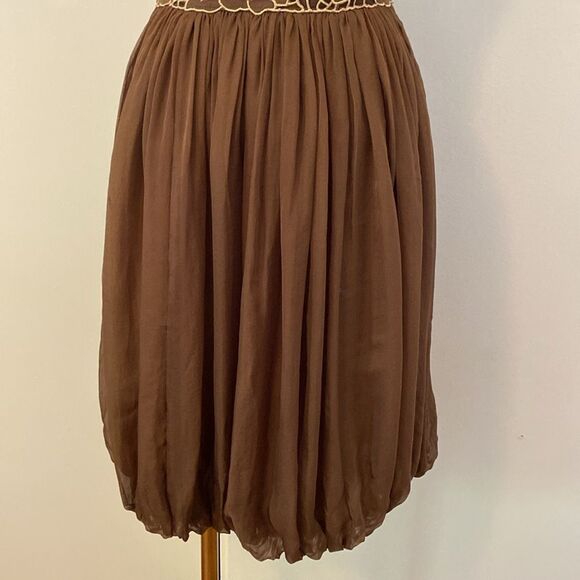 Vintage 00's Laundry by Design Brown Bubble Hem Ruched Silk Dress Size 4 - Picture 8 of 14